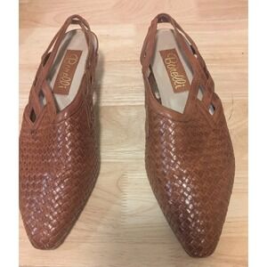 EUC Borelli Women 8M Braided Leather Pointed Toe Sandals Heel 90s Brazil‎ Cognac
